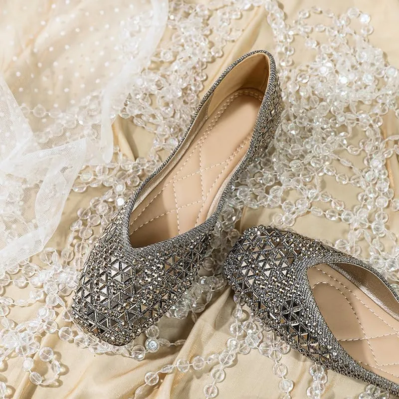 Women's Sparkly Flats Dress Shoes Wedding Low Wedges Square Toe Rhinestone Ballet Flats with Bow
