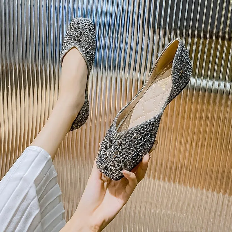 Women's Sparkly Flats Dress Shoes Wedding Low Wedges Square Toe Rhinestone Ballet Flats with Bow