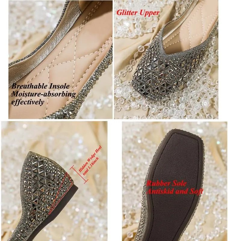 Women's Sparkly Flats Dress Shoes Wedding Low Wedges Square Toe Rhinestone Ballet Flats with Bow