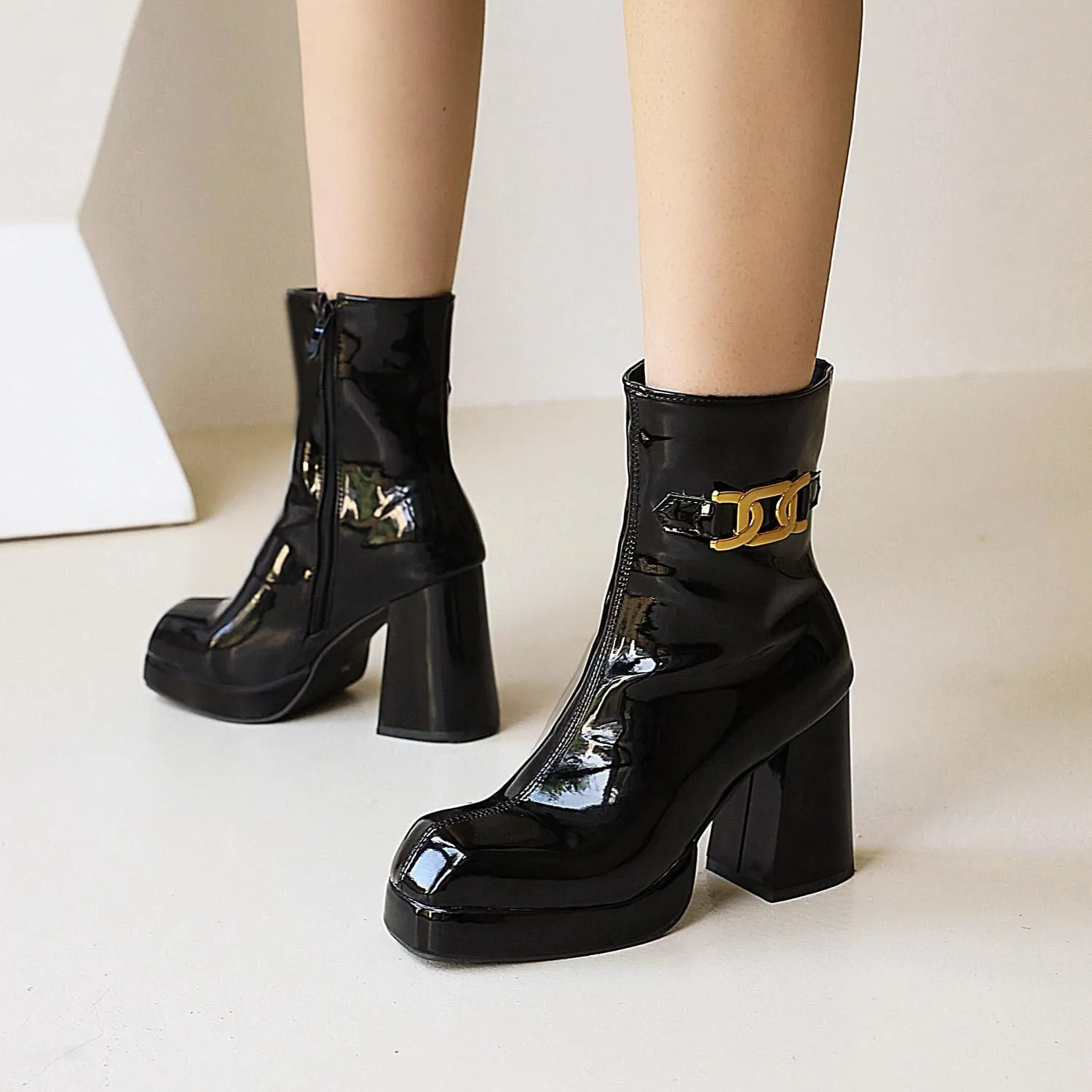 Women's Square Toe Ankle Boots, Chunky Heel Platform Booties, Side Zipper High Heel Go-Go Boots