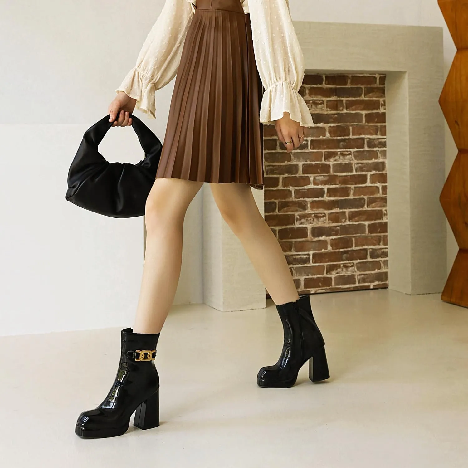 Women's Square Toe Ankle Boots, Chunky Heel Platform Booties, Side Zipper High Heel Go-Go Boots