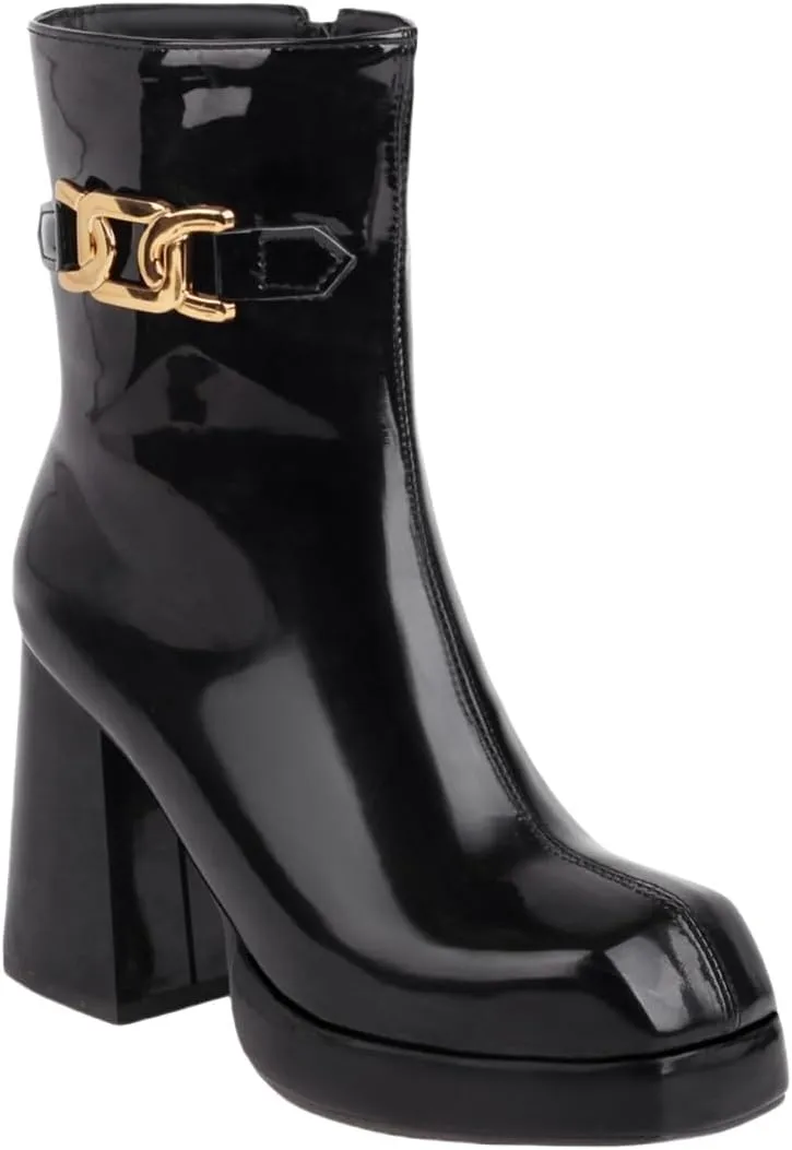 Women's Square Toe Ankle Boots, Chunky Heel Platform Booties, Side Zipper High Heel Go-Go Boots