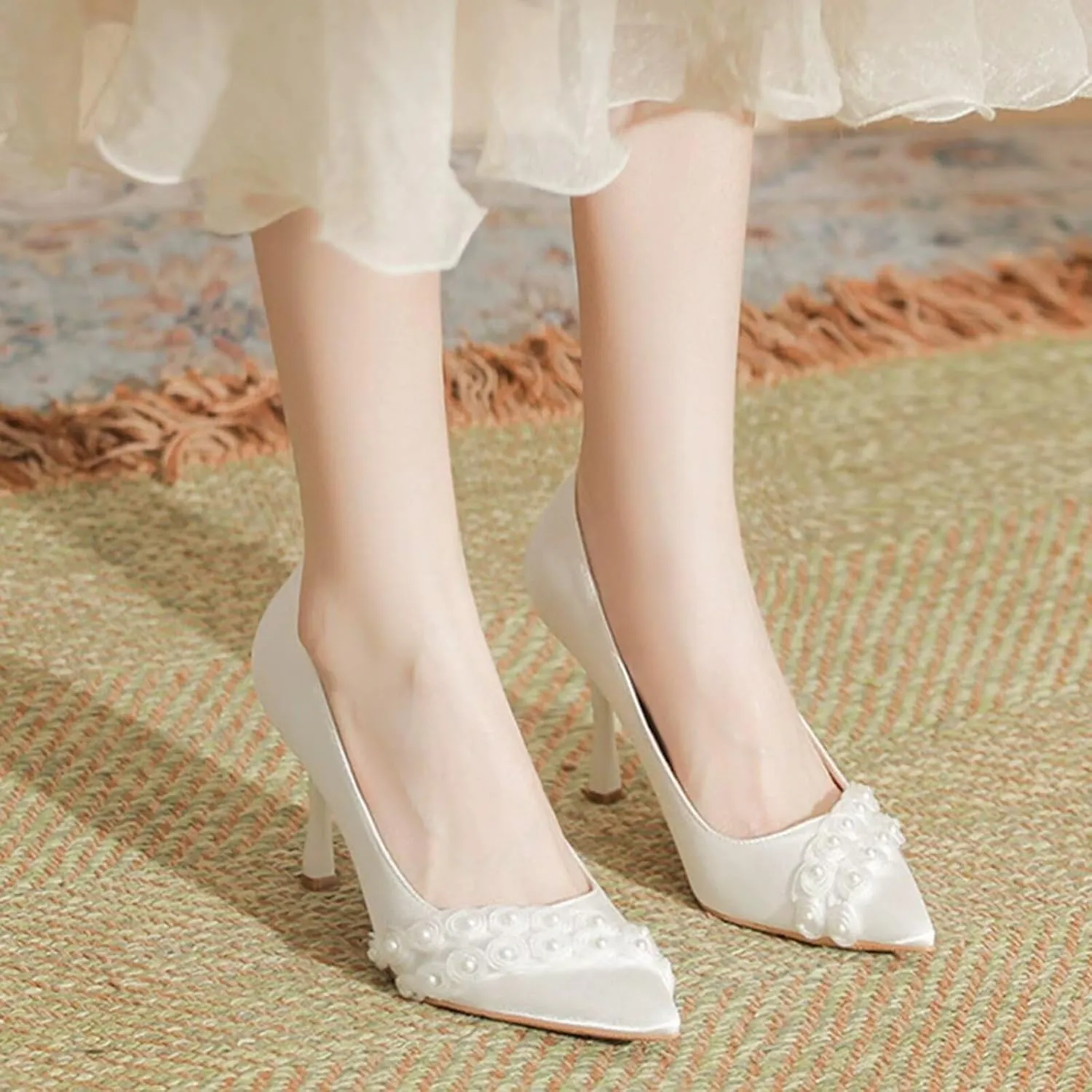 Women's Stiletto Pumps 5/7/9cm Elegant Closed Pointed Toe Slip On High Heels Wide Feet Court Shoes White for Ladies Satin Bridal Wedding Dress Shoes with Pearl,Kitten Low/Mid Heels