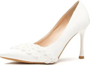 Women's Stiletto Pumps 5/7/9cm Elegant Closed Pointed Toe Slip On High Heels Wide Feet Court Shoes White for Ladies Satin Bridal Wedding Dress Shoes with Pearl,Kitten Low/Mid Heels