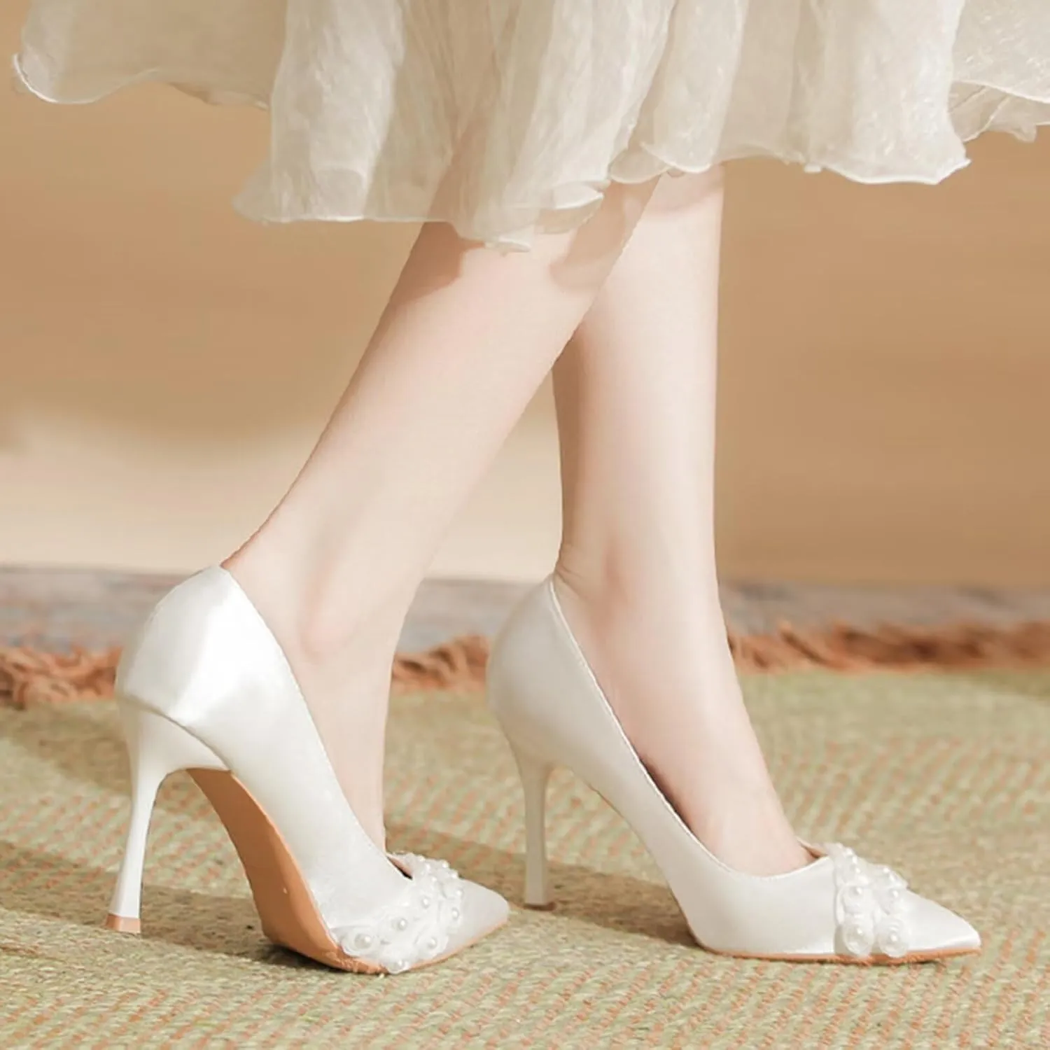 Women's Stiletto Pumps 5/7/9cm Elegant Closed Pointed Toe Slip On High Heels Wide Feet Court Shoes White for Ladies Satin Bridal Wedding Dress Shoes with Pearl,Kitten Low/Mid Heels