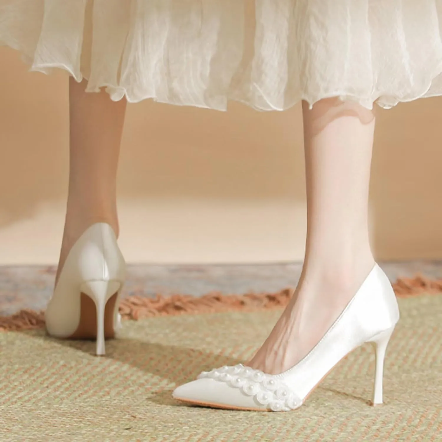 Women's Stiletto Pumps 5/7/9cm Elegant Closed Pointed Toe Slip On High Heels Wide Feet Court Shoes White for Ladies Satin Bridal Wedding Dress Shoes with Pearl,Kitten Low/Mid Heels