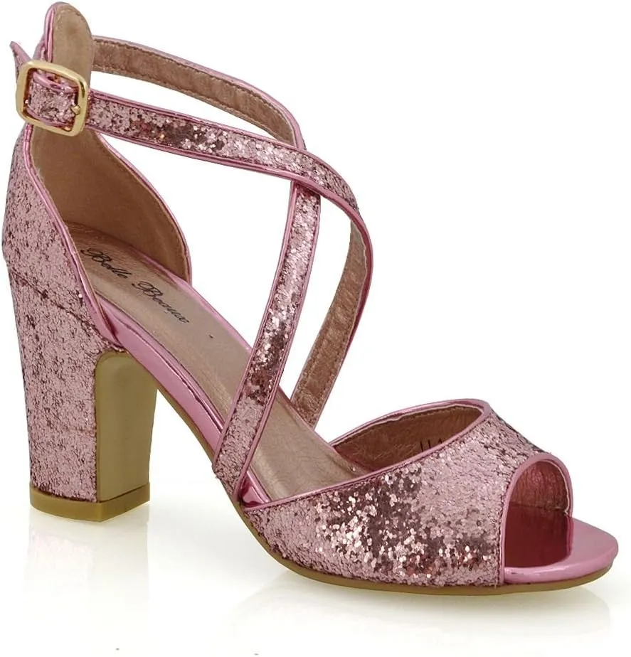 Womens Strappy Sandals Block Low Mid Heel Sparkly Glitter Ladies Bridal Party Dressy Shoes