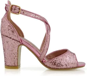 Womens Strappy Sandals Block Low Mid Heel Sparkly Glitter Ladies Bridal Party Dressy Shoes