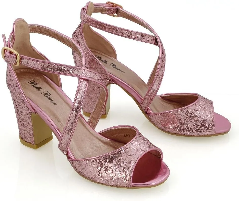 Womens Strappy Sandals Block Low Mid Heel Sparkly Glitter Ladies Bridal Party Dressy Shoes