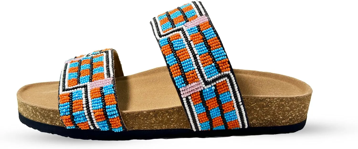 Women's Suede Cork Footbed Handmade Beaded Slide Sandal