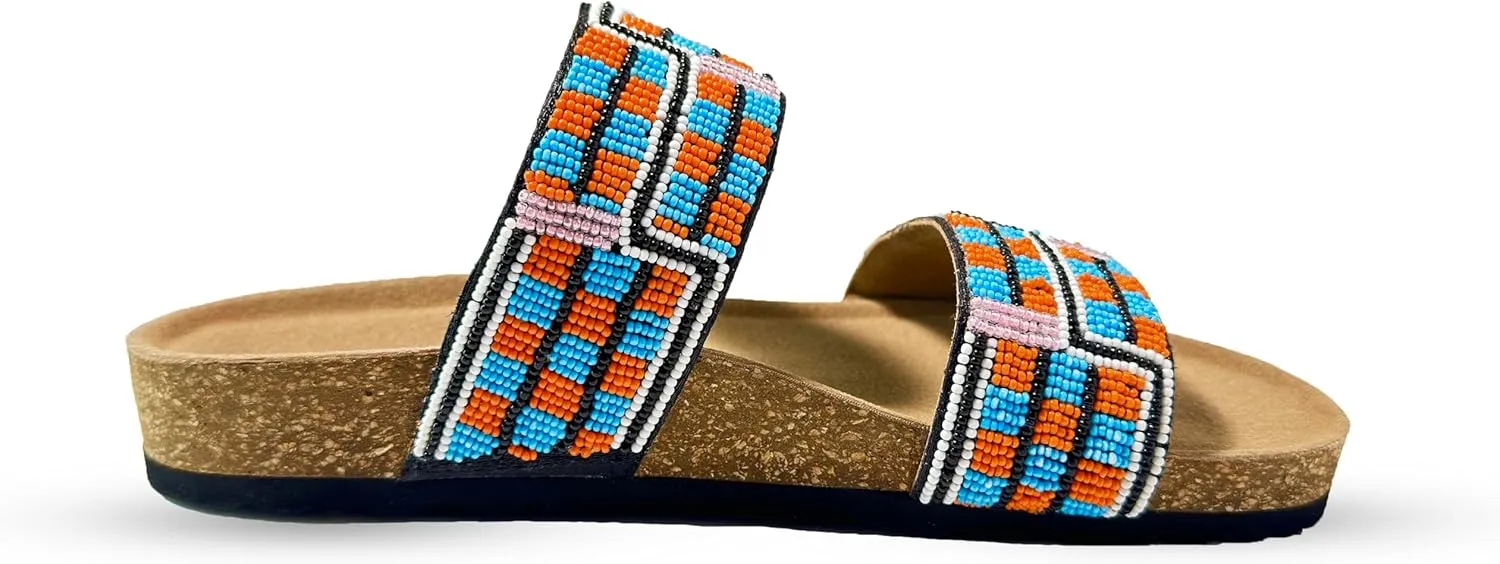 Women's Suede Cork Footbed Handmade Beaded Slide Sandal
