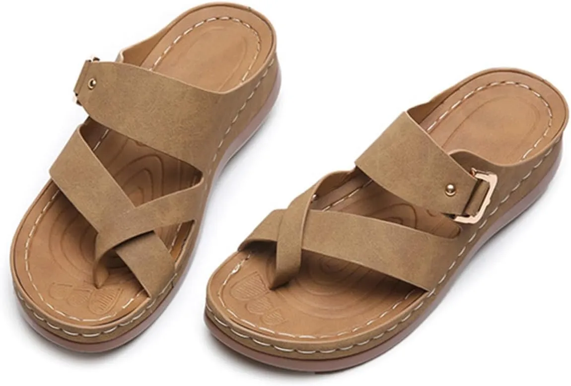 Women's Summer Flats Arch Support Beach Walking Flip Flops Comfort Lightweight Slip on Clip Toe Sandals Low Wedge Slippers
