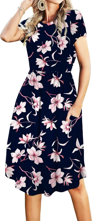 Womens Summer Pocket Knee Length Teacher Casual Dress Spring Modest Knit Fit Flare Short Sleeve Midi Work Travel Outfits