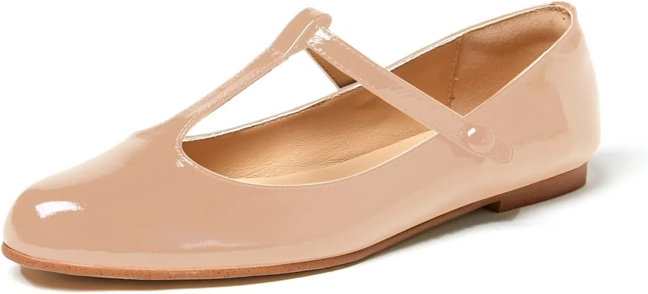 Women's Vintage Patent Leather Round Toe Cutout T-Strap Dress Flats Shoes Comfortable Causal Closed Toe Slip On Mary Jane Flats Pumps