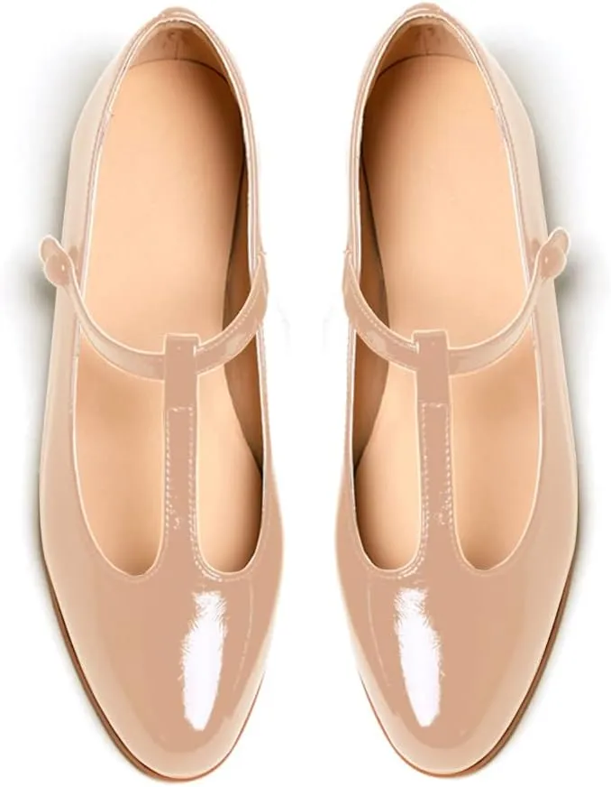 Women's Vintage Patent Leather Round Toe Cutout T-Strap Dress Flats Shoes Comfortable Causal Closed Toe Slip On Mary Jane Flats Pumps