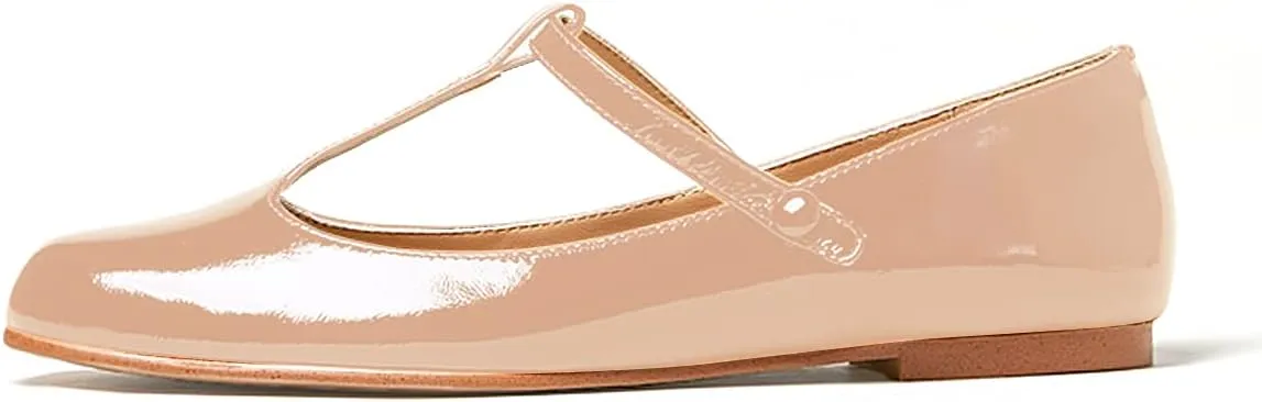 Women's Vintage Patent Leather Round Toe Cutout T-Strap Dress Flats Shoes Comfortable Causal Closed Toe Slip On Mary Jane Flats Pumps