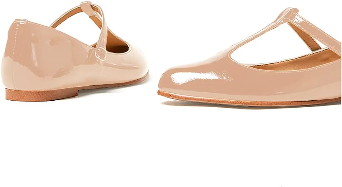 Women's Vintage Patent Leather Round Toe Cutout T-Strap Dress Flats Shoes Comfortable Causal Closed Toe Slip On Mary Jane Flats Pumps