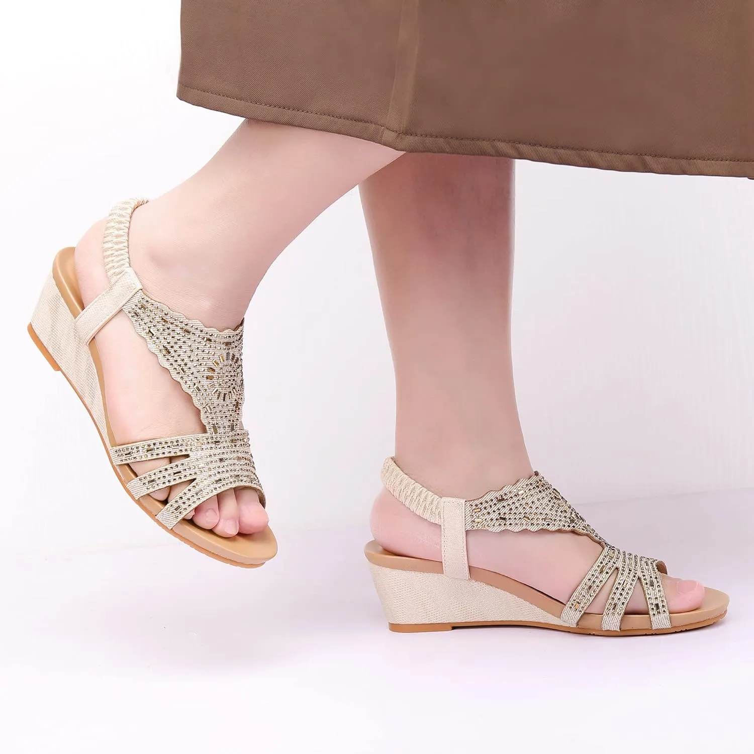 Womens Wedge Sandals Elastic Ankle Straps Open Toe Elegant Thick Soles Comfortable Dream Pairs