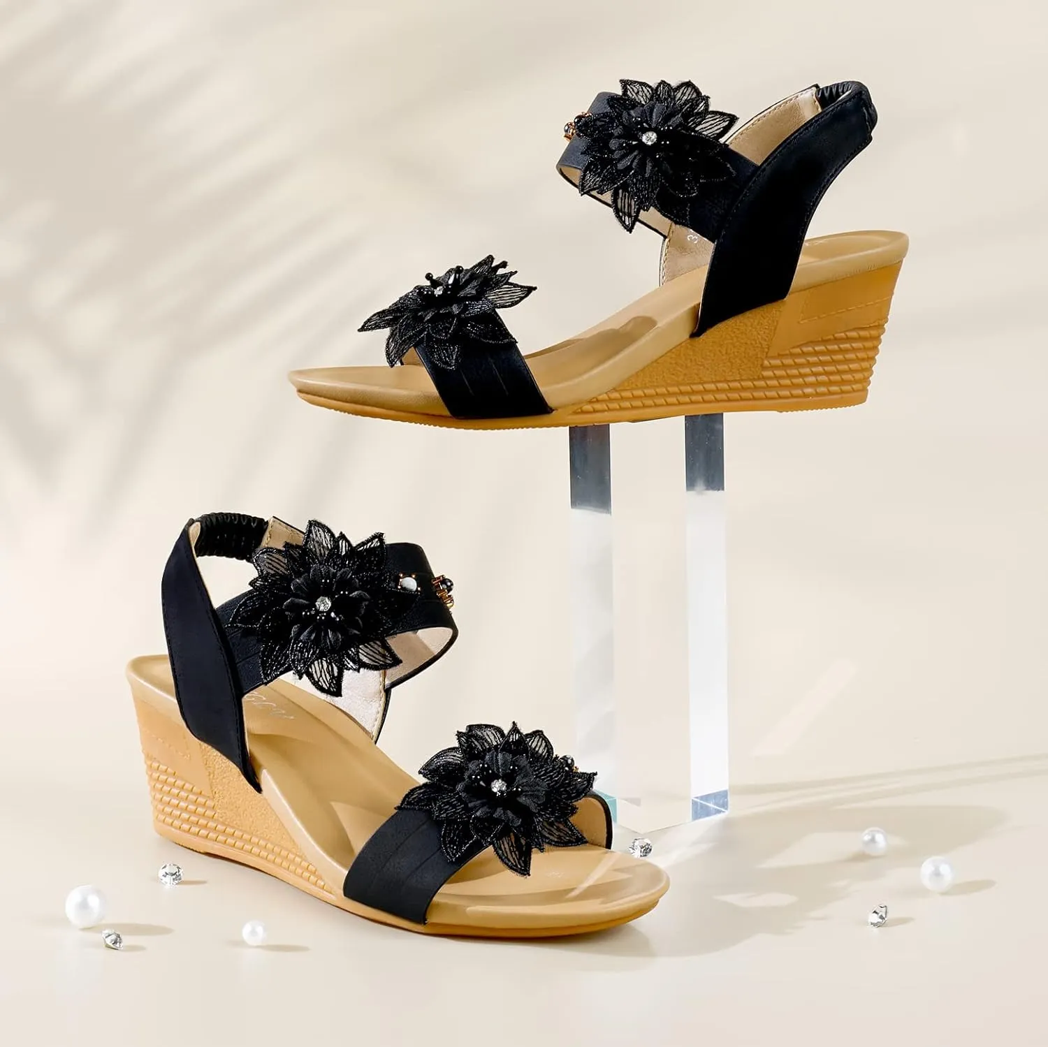Womens Wedge Sandals Elastic Ankle Straps Open Toe Elegant Thick Soles Comfortable Dream Pairs