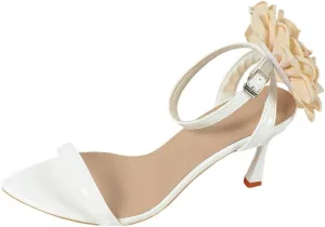 Women's White High Heel Peep Toe Shoes with Decorative Flower and Ankle Strap, Elegant Stiletto Heels for Weddings, Prom & Formal Events