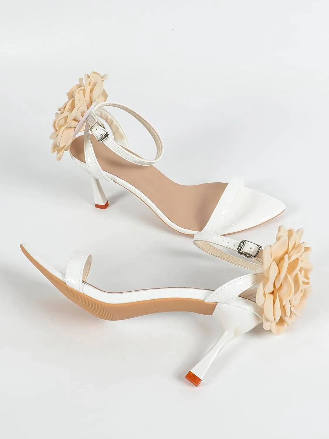Women's White High Heel Peep Toe Shoes with Decorative Flower and Ankle Strap, Elegant Stiletto Heels for Weddings, Prom & Formal Events