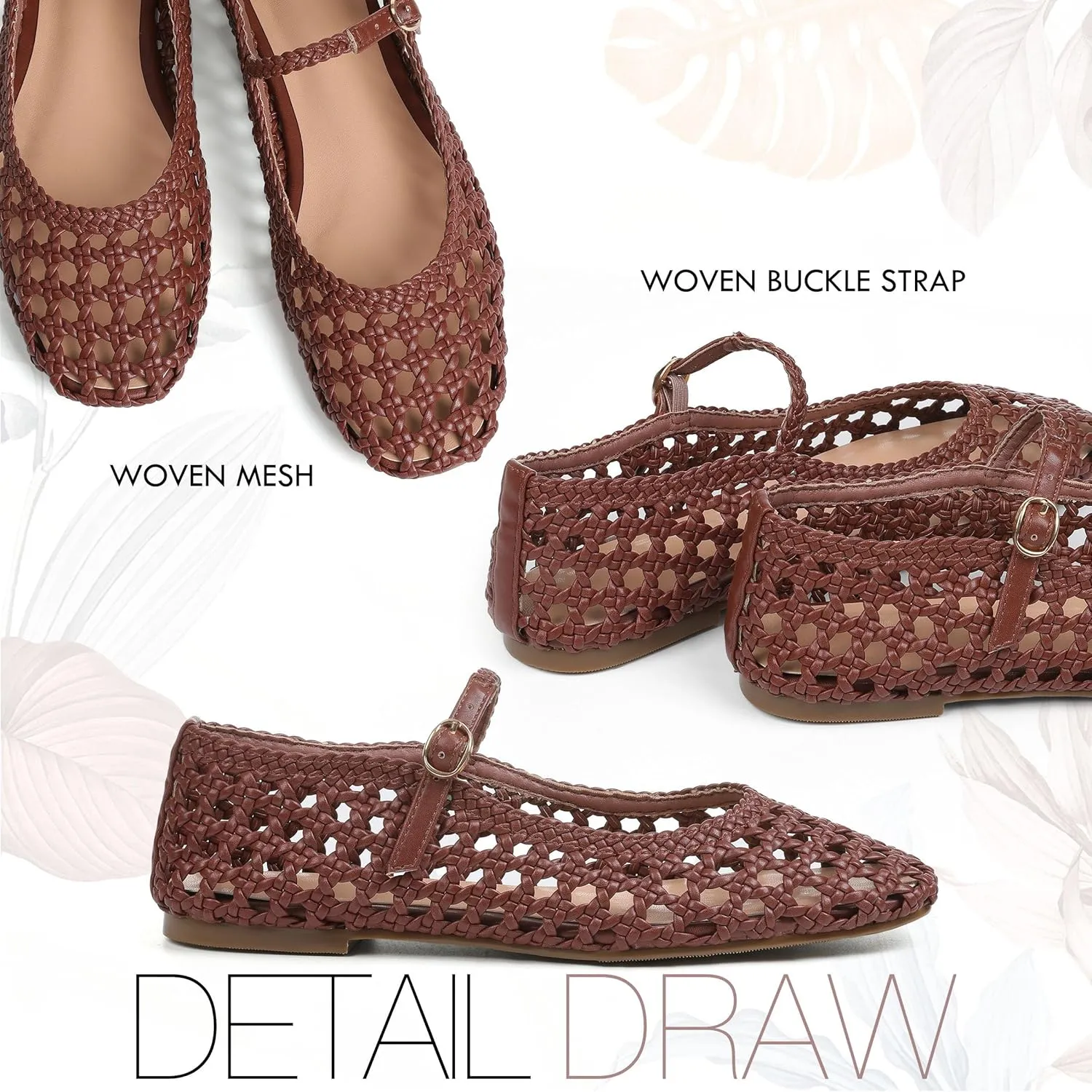 Woven Mesh Ballet Flats for Women Square Toe Mary Jane Flats Buckle Strap Flat Shoes Comfortable Ballerina Flats Dressy Mesh Shoes Casual Mary Janes for Women