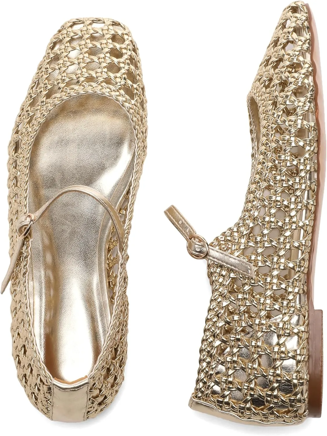 Woven Mesh Ballet Flats for Women with Metal Buckle Strap Ballerina Flat Shoes Comfortable Round Toe Mary Jane Flat.