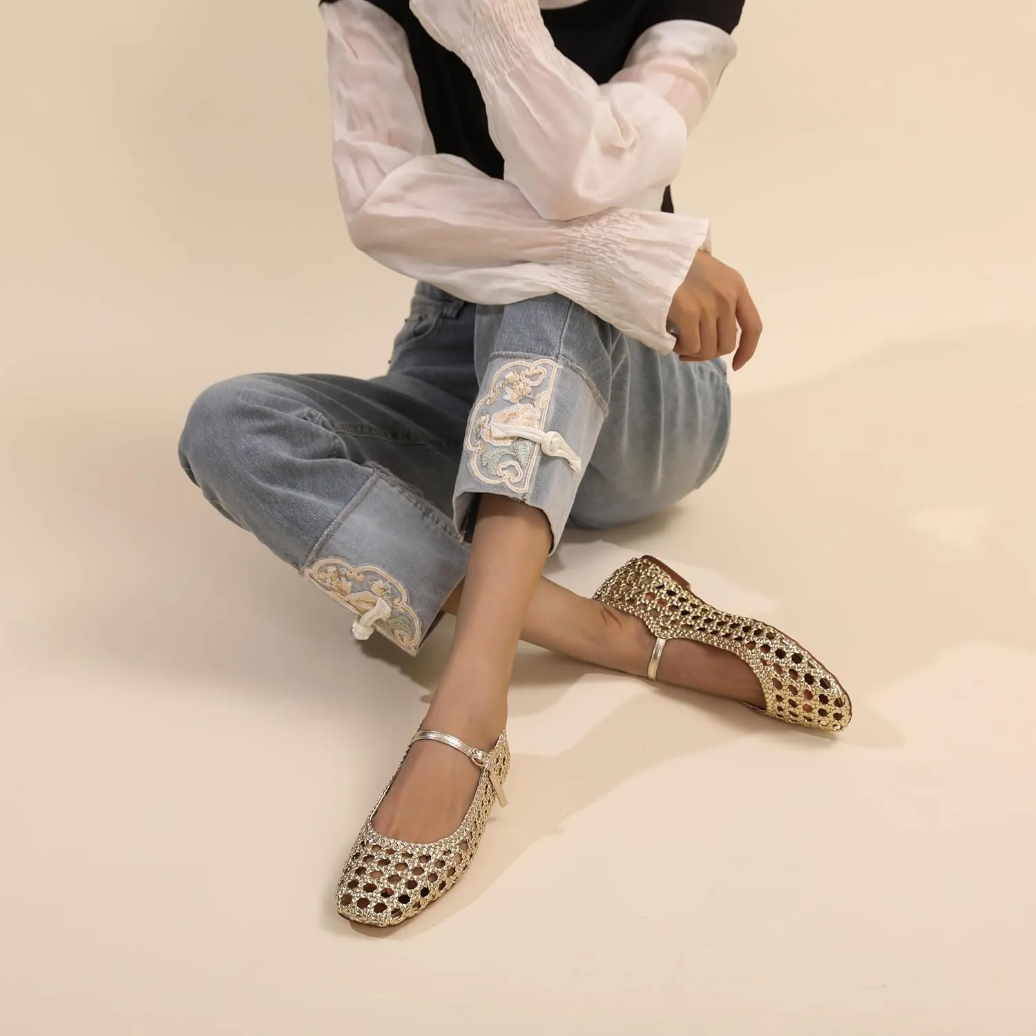 Woven Mesh Ballet Flats for Women with Metal Buckle Strap Ballerina Flat Shoes Comfortable Round Toe Mary Jane Flat.