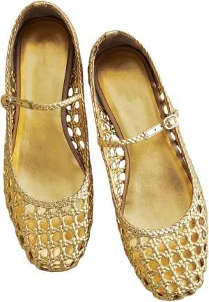 Woven Mesh Ballet Flats for Women with Metal Buckle Strap Ballerina Flat Shoes Comfortable Round Toe Mary Jane Flat.