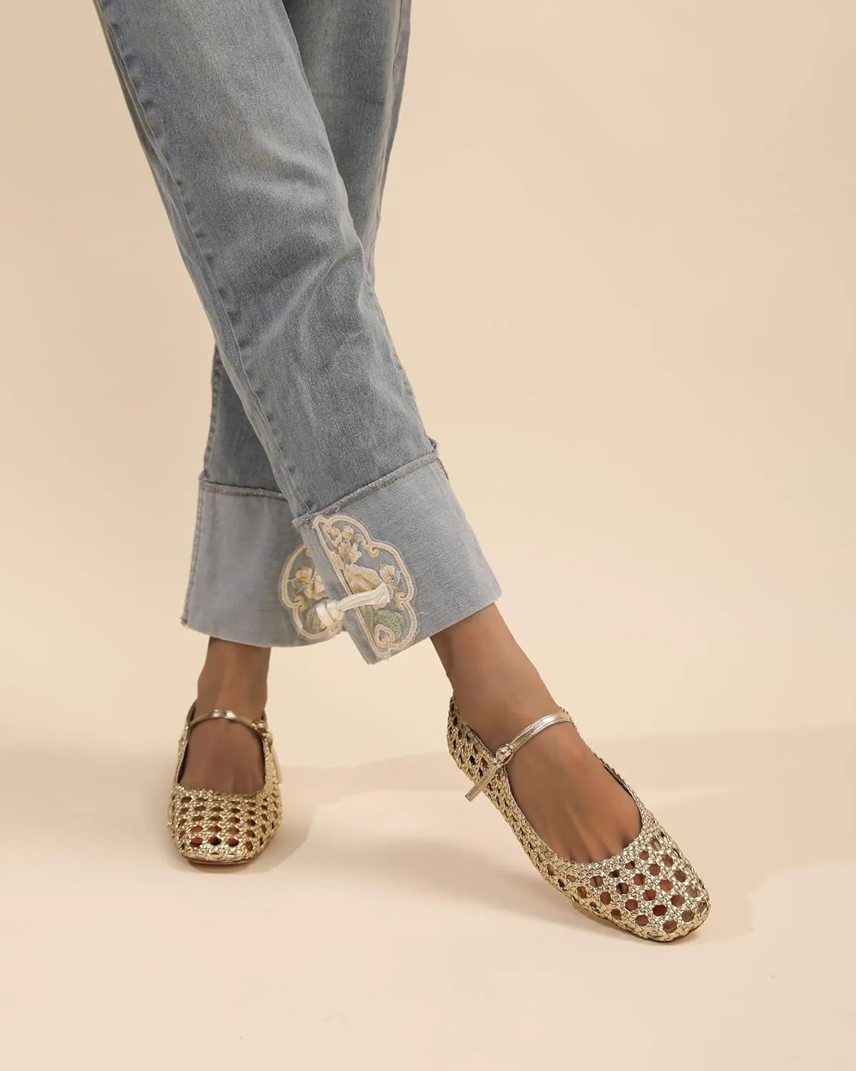 Woven Mesh Ballet Flats for Women with Metal Buckle Strap Ballerina Flat Shoes Comfortable Round Toe Mary Jane Flat.