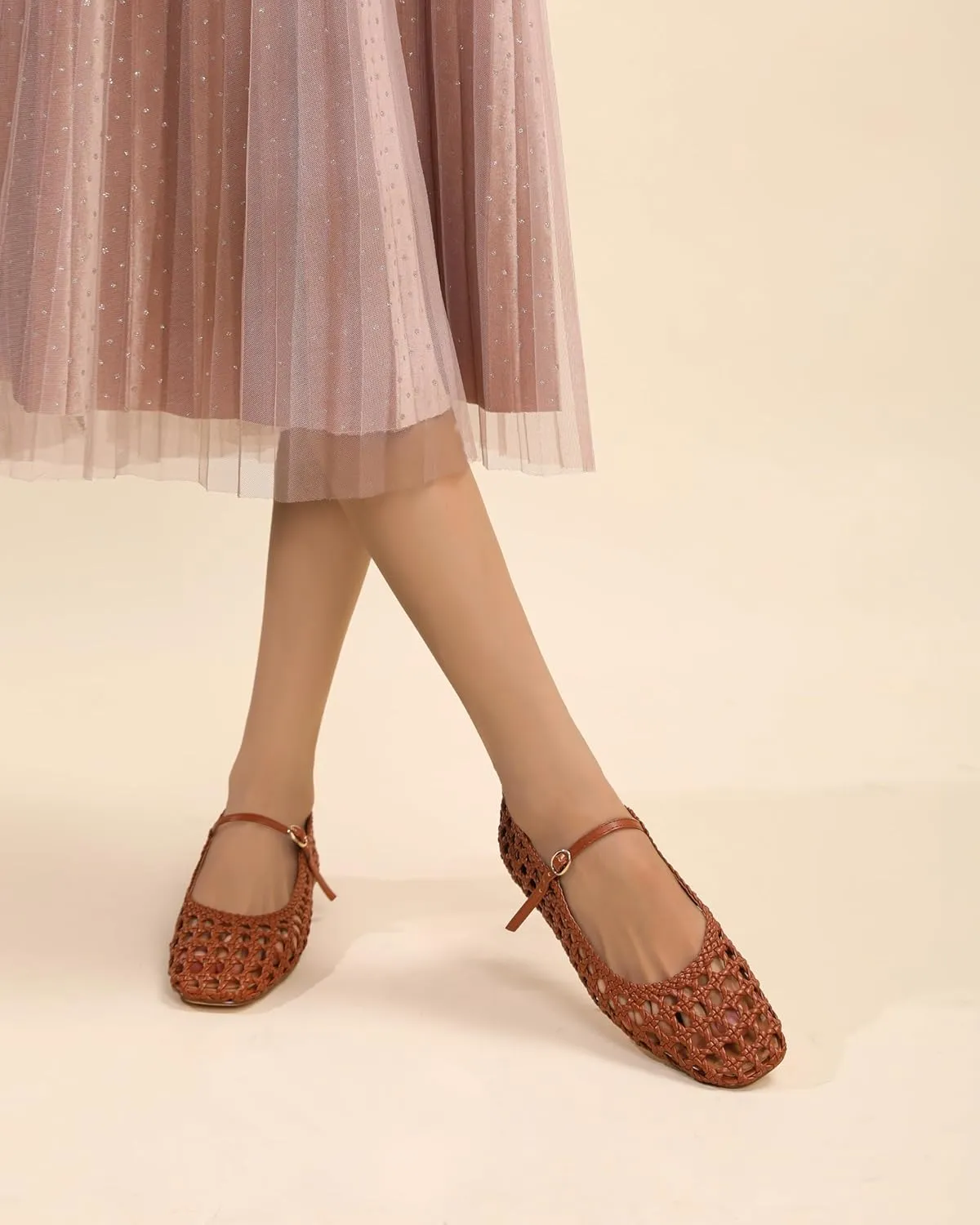 Woven Mesh Ballet Flats for Women with Metal Buckle Strap Ballerina Flat Shoes Comfortable Round Toe Mary Jane Flat.