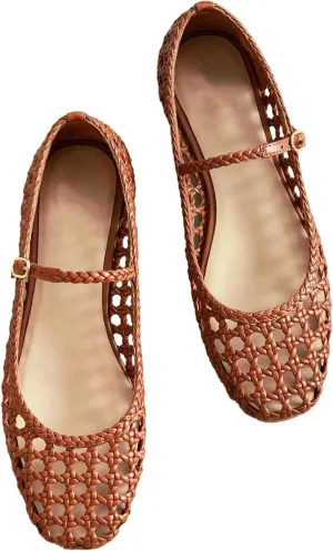 Woven Mesh Ballet Flats for Women with Metal Buckle Strap Ballerina Flat Shoes Comfortable Round Toe Mary Jane Flat.