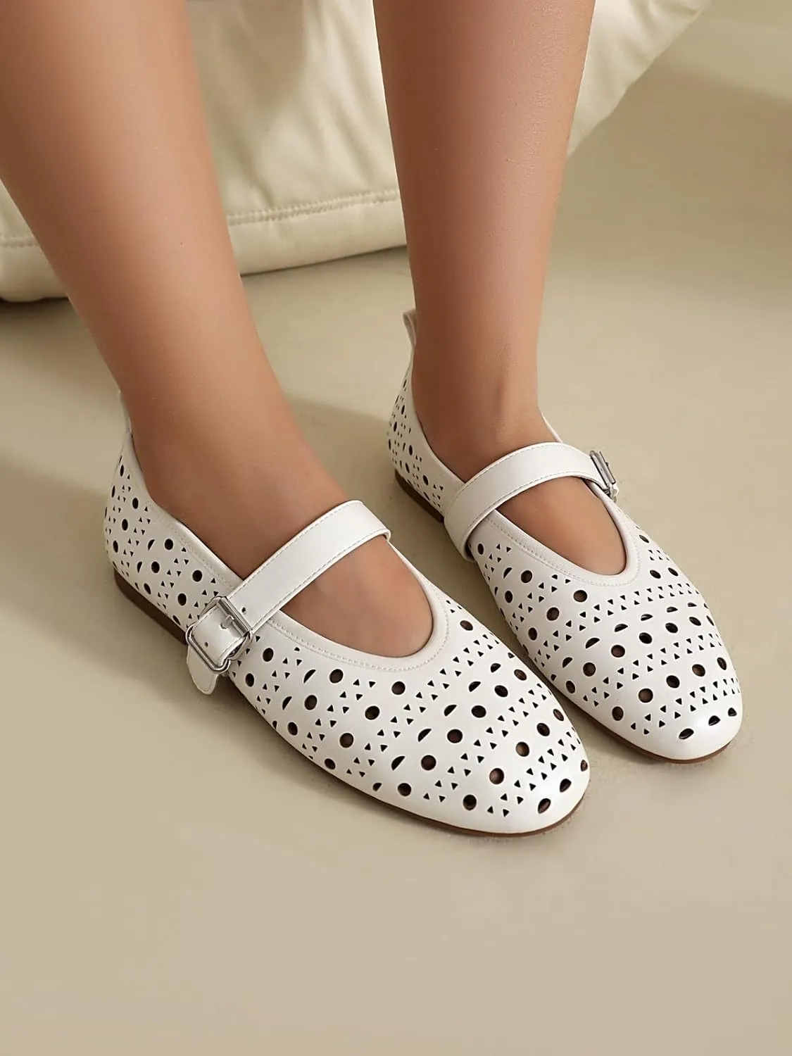 XIEDA Women's Genuine Leather Mary Janes Comfortable Cutout Ballet Flat Dress Shoes