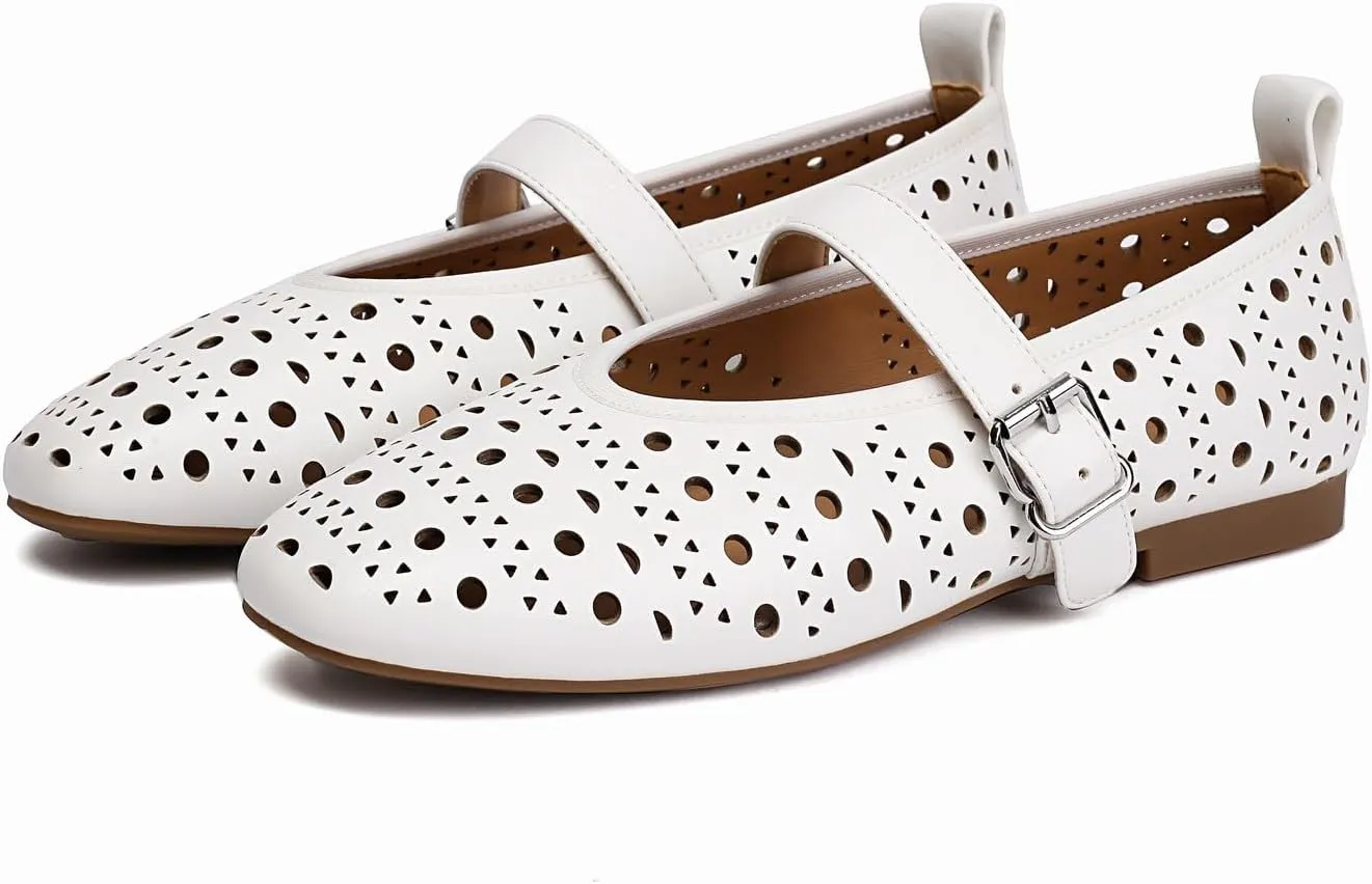XIEDA Women's Genuine Leather Mary Janes Comfortable Cutout Ballet Flat Dress Shoes