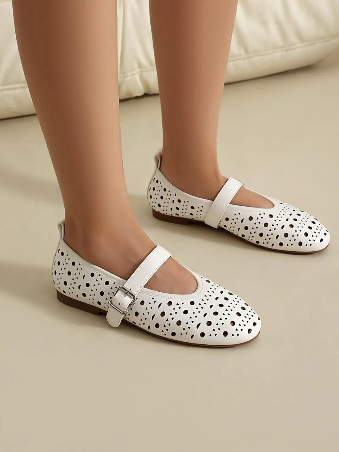 XIEDA Women's Genuine Leather Mary Janes Comfortable Cutout Ballet Flat Dress Shoes