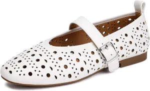XIEDA Women's Genuine Leather Mary Janes Comfortable Cutout Ballet Flat Dress Shoes