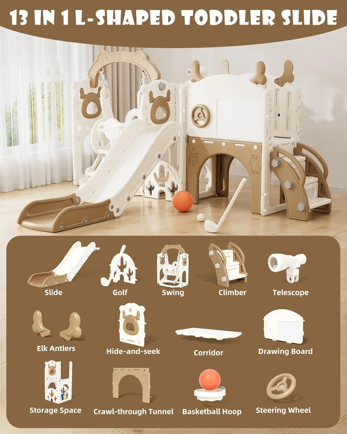 XJD 13-in-1 Toddler Slide and Swing Set, Kids Slide for Toddlers Age 1 , Toddler Outdoor Playset New Upgrade with Golf Set, Basketball Hoop, Drawing Board for Playground (Brown White)