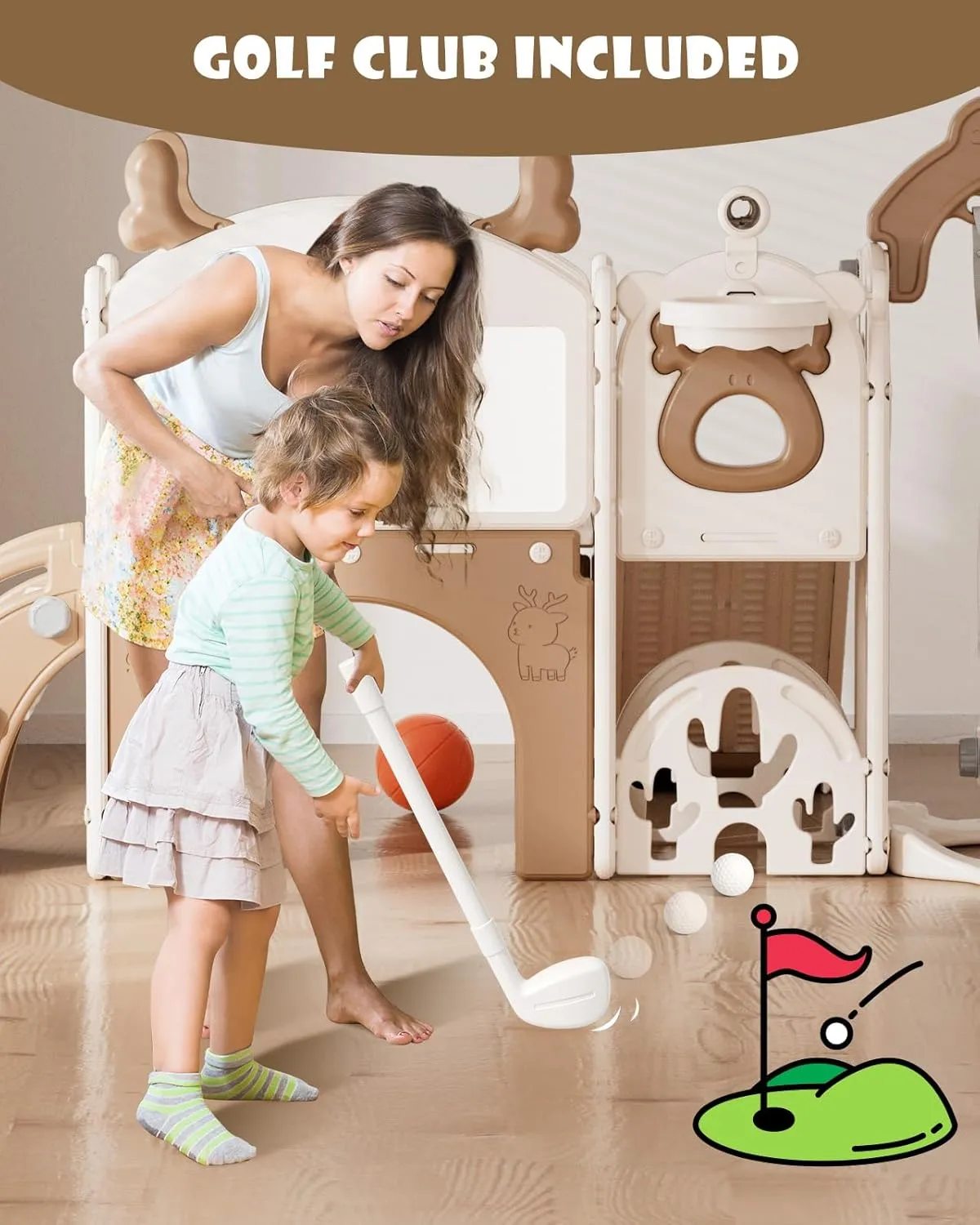 XJD 13-in-1 Toddler Slide and Swing Set, Kids Slide for Toddlers Age 1 , Toddler Outdoor Playset New Upgrade with Golf Set, Basketball Hoop, Drawing Board for Playground (Brown White)