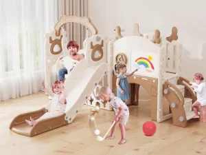 XJD 13-in-1 Toddler Slide and Swing Set, Kids Slide for Toddlers Age 1 , Toddler Outdoor Playset New Upgrade with Golf Set, Basketball Hoop, Drawing Board for Playground (Brown White)