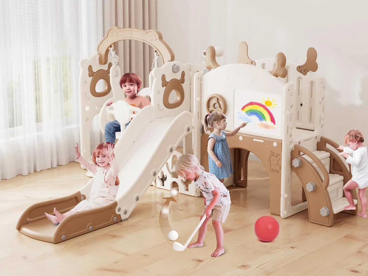 XJD 13-in-1 Toddler Slide and Swing Set, Kids Slide for Toddlers Age 1 , Toddler Outdoor Playset New Upgrade with Golf Set, Basketball Hoop, Drawing Board for Playground (Brown White)