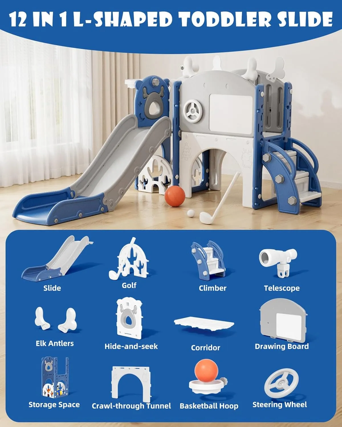 XJD Toddler Slide,12 in 1 Kids Slide for Toddlers 1-3, New Upgrade with Golf Set, Basketball Hoop, Drawing Board for Indoor Outdoor Playset,Toddler Playground (Blue White)