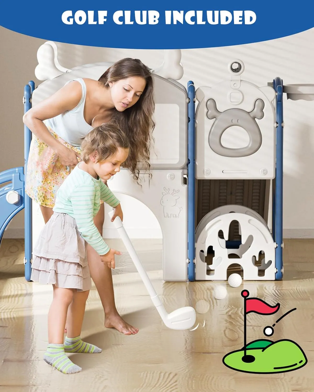 XJD Toddler Slide,12 in 1 Kids Slide for Toddlers 1-3, New Upgrade with Golf Set, Basketball Hoop, Drawing Board for Indoor Outdoor Playset,Toddler Playground (Blue White)