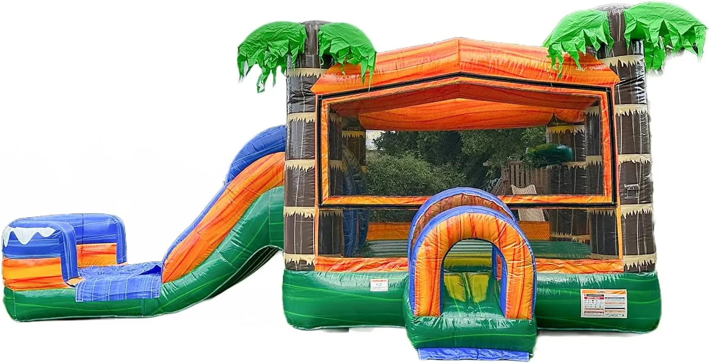 XJUMP Tropical Commercial Grade Lightweight Premium Marble Color Bounce House Water Slide with Detachable Pool for Kids and Adults with Blower Basketball Hoop Wet Dry Combo Outdoor Indoor