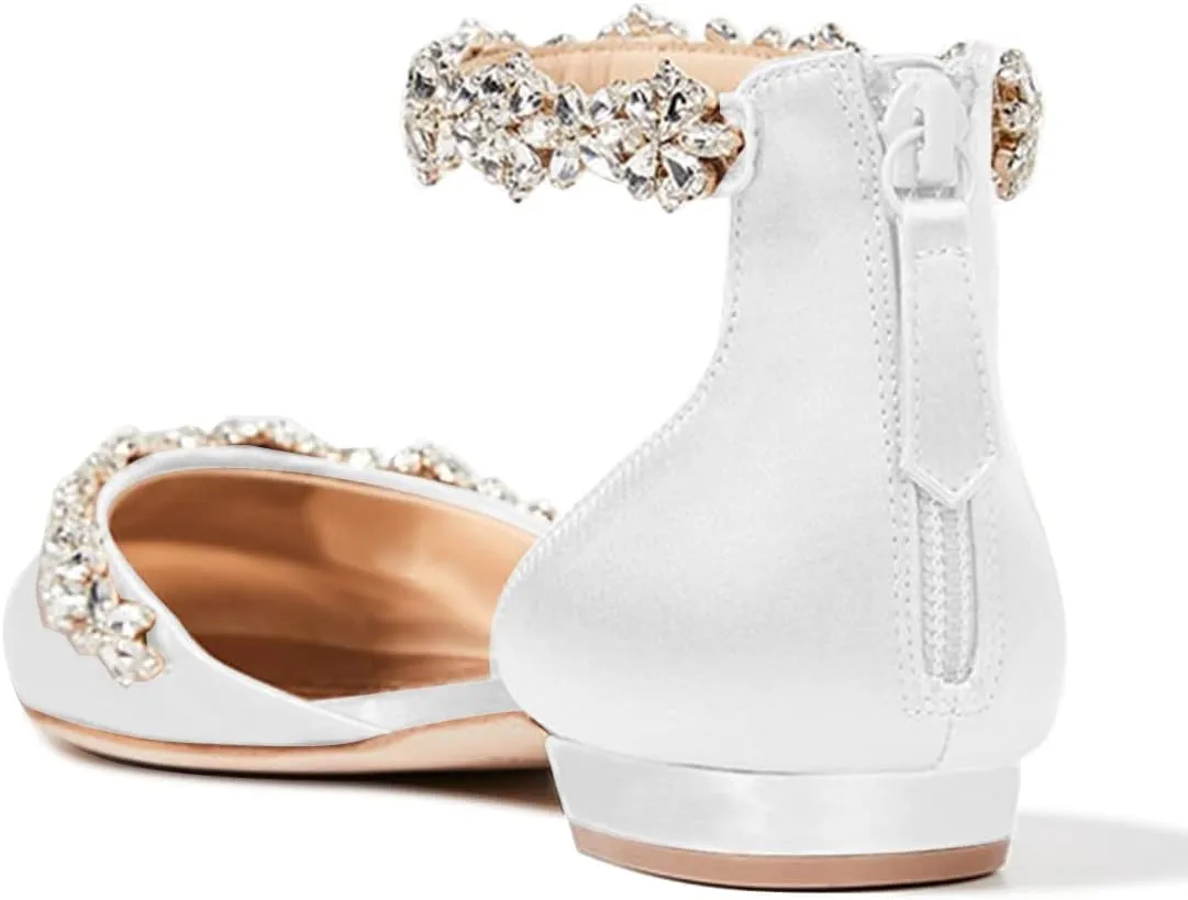 XYD Women Classic Pointed Toe D'Orsay Wedding Flat Sandals Sparkly Rhinestones Ankle Strap Low Heel Dress Shoes with Zipper