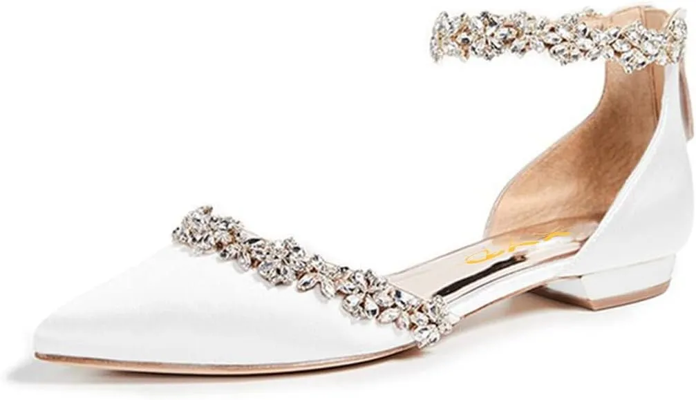 XYD Women Classic Pointed Toe D'Orsay Wedding Flat Sandals Sparkly Rhinestones Ankle Strap Low Heel Dress Shoes with Zipper