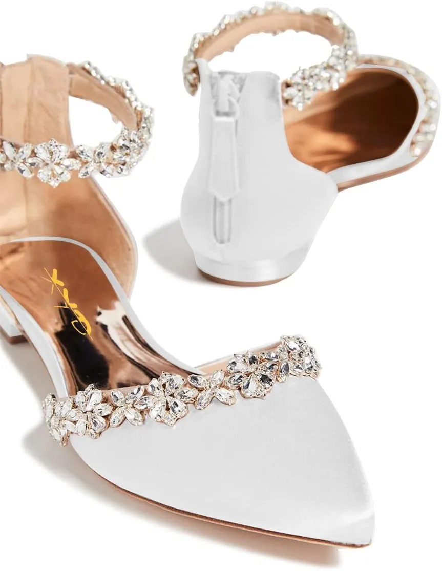 XYD Women Classic Pointed Toe D'Orsay Wedding Flat Sandals Sparkly Rhinestones Ankle Strap Low Heel Dress Shoes with Zipper