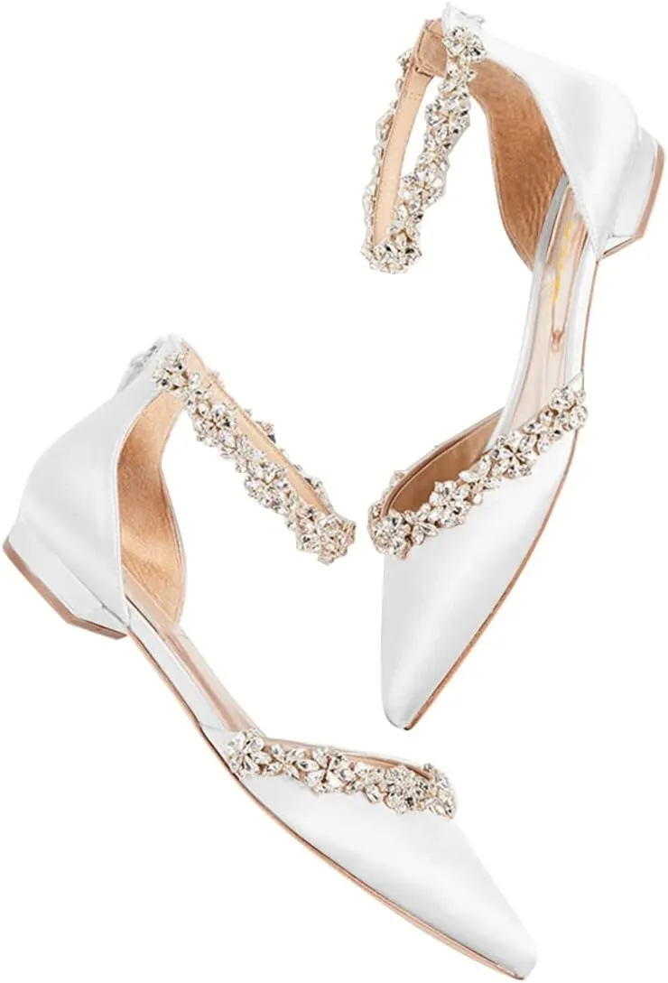 XYD Women Classic Pointed Toe D'Orsay Wedding Flat Sandals Sparkly Rhinestones Ankle Strap Low Heel Dress Shoes with Zipper