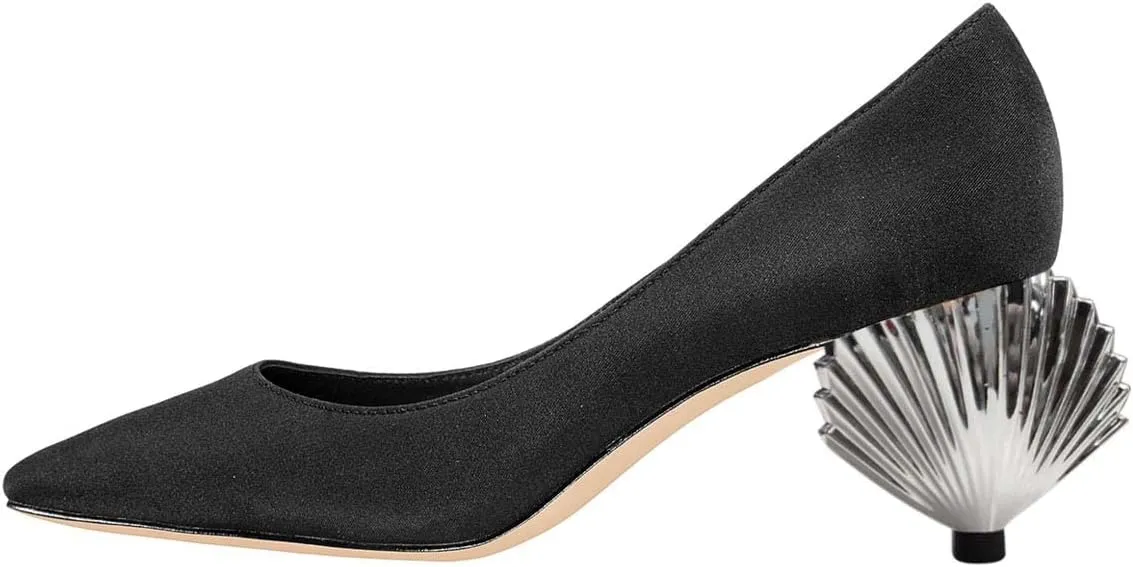 XYD Women Closed Pointy Toe Mid Scallop Shape Heel Pumps Slip On Dressy Cocktail Evening Party Event Shoes