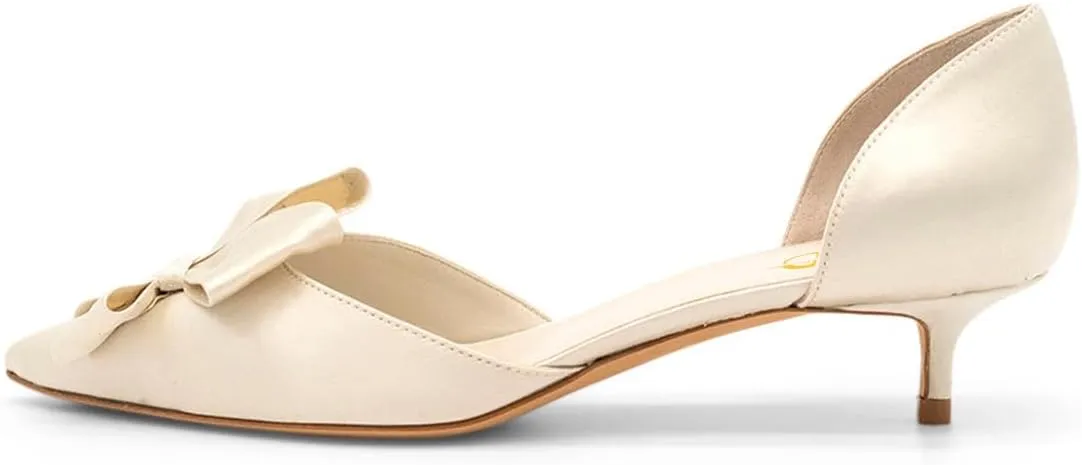 XYD Women D'Orsay Kitten Heel Bridal Bowknot Pumps Elegant Pointed Closed Toe Wedding Prom Shoes