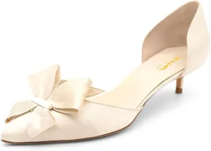 XYD Women D'Orsay Kitten Heel Bridal Bowknot Pumps Elegant Pointed Closed Toe Wedding Prom Shoes